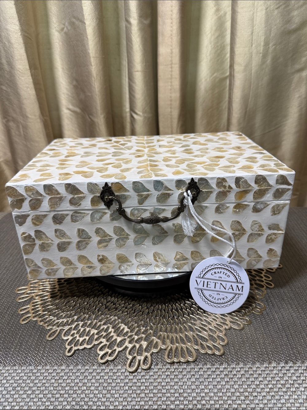 Handcrafted Capiz Shell Keepsake Box 12” White & Natural Decorative Storage Made - Picture 3 of 11